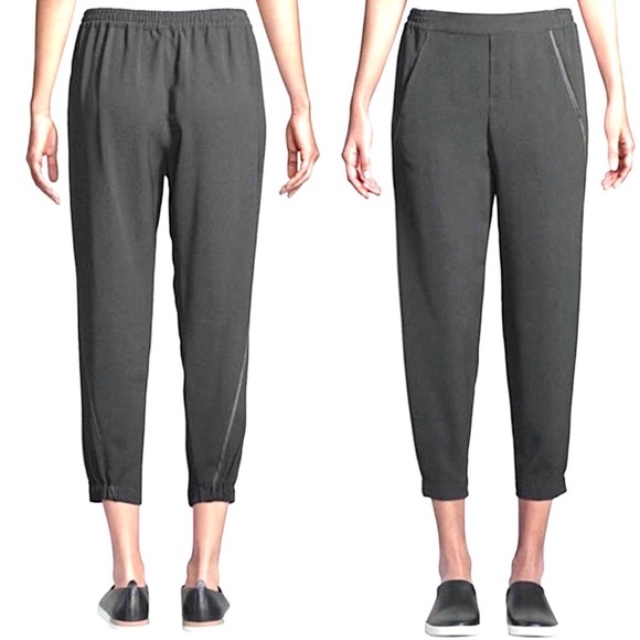 VINCE Satin Piped Wrap Seam Pant Pull On Tuxedo Trouser Jogger Crop Black - Picture 2 of 7